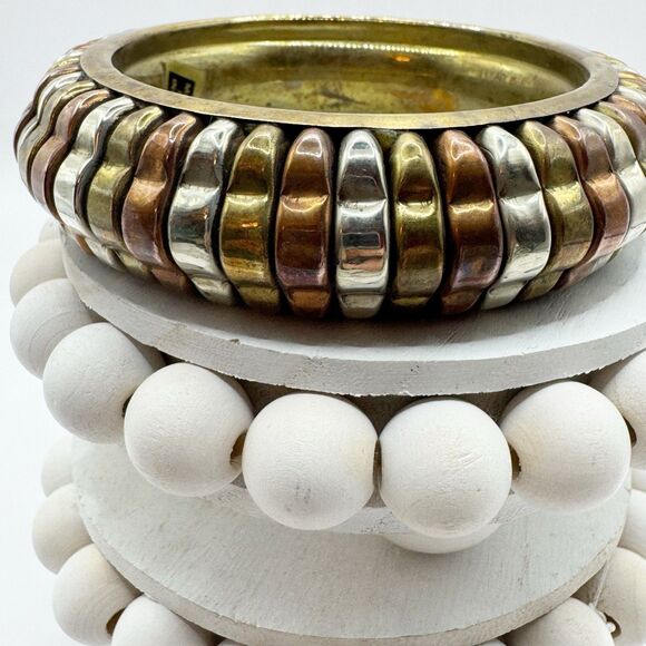 Vtg Bohemian Mixed Metal Large Chunky Indian Bangle Bracelet Silver Brass Copper - Picture 6 of 14